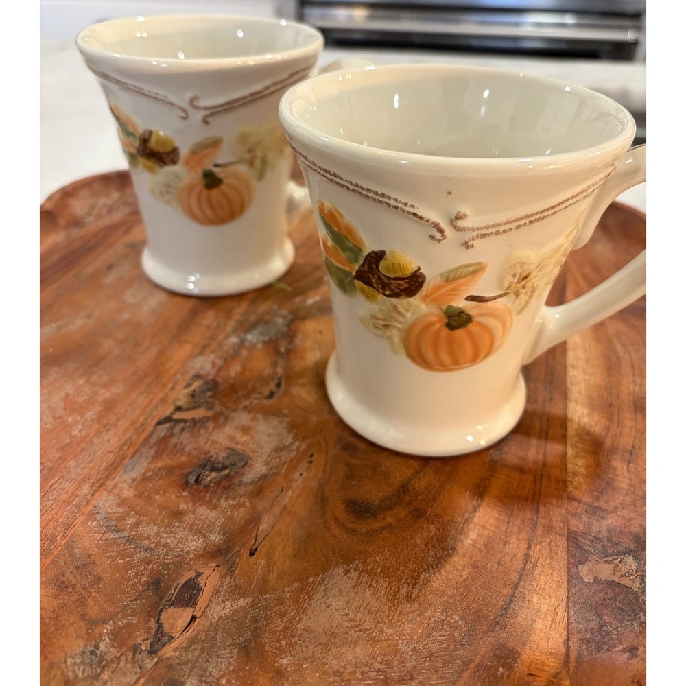 Pfaltzgraff Plymouth Harvest‎ Pumpkin Acorn Stoneware Coffee Mugs Set of 2 Cream